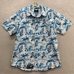 Neff Short Sleeve Button Up Shirt Men Size L Blue Tropical Hawaiian Palm Trees